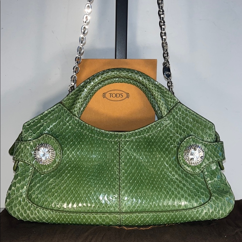 NWOT Vintage Tod’s Green Snakeskin Leather With Crystal Clutch Shoulder Bag - Picture 1 of 16